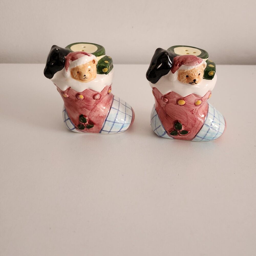 Ceramic Christmas Holiday Stocking Salt and Pepper Shakers 3 Inches